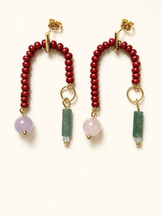 Handmade Jewelry - Handmade Gold Bead-Arch Earrings with Red Beads and Green Stone Drops